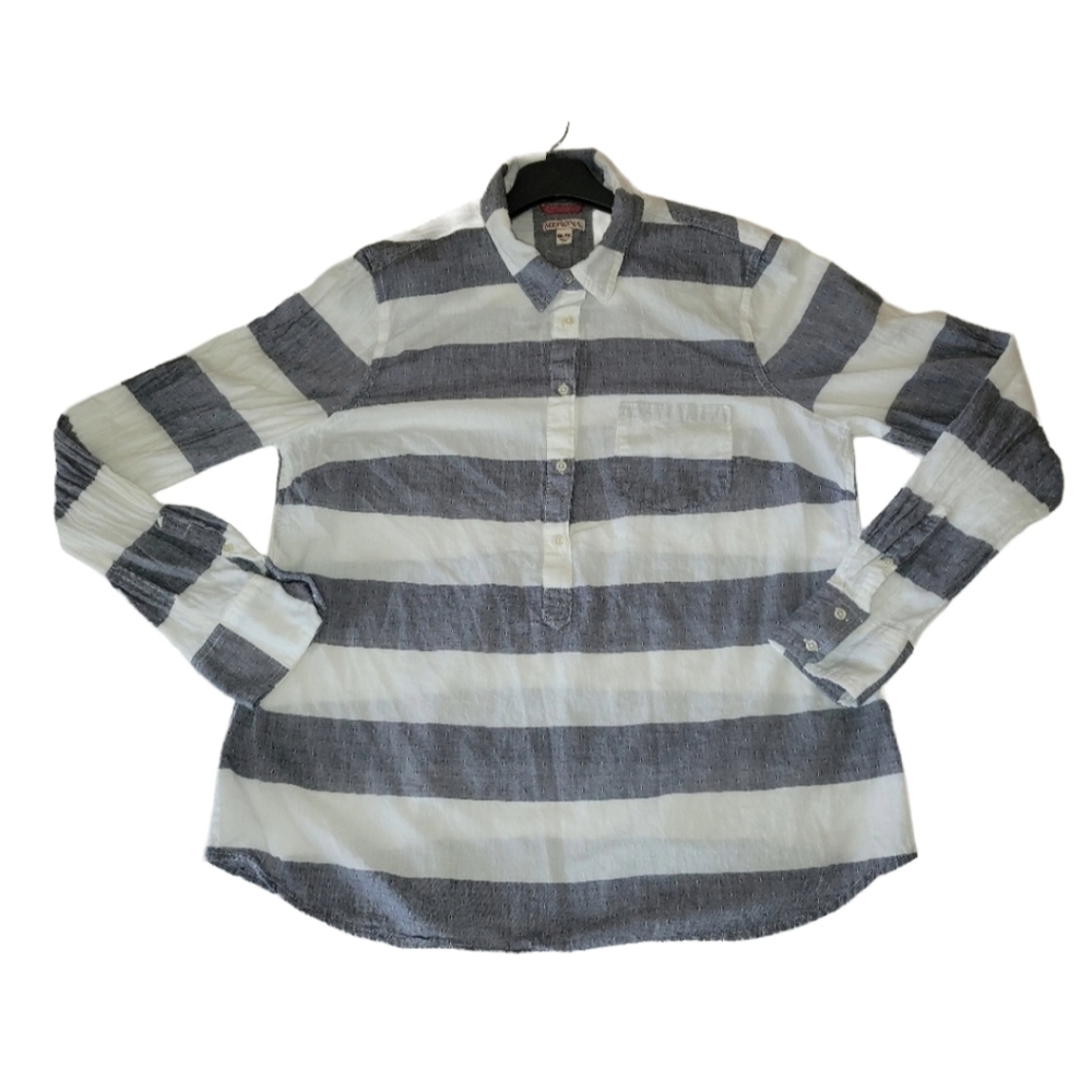 Merona Women's Gray & White Striped Half Button Pullover Shirt Size XXL